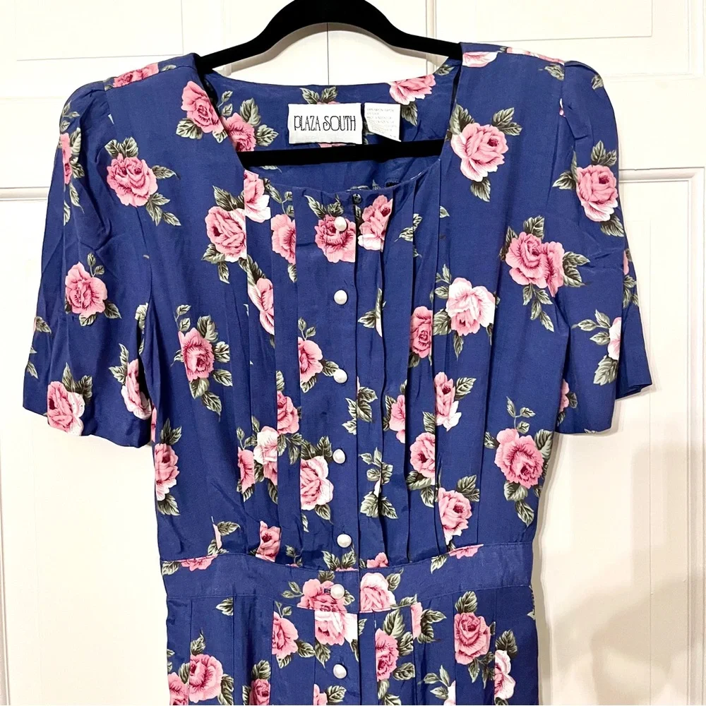 Vintage Plaza South Pleated Pearl Button Floral Dress Cottagecore Blue Pink Sz 6